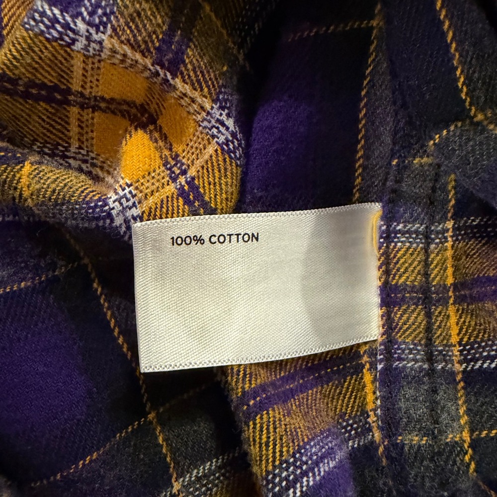 Duluth Trading Men L Tall Relaxed Fit Flannel Shirt Purple Yellow Plaid Cotton - Picture 5 of 7